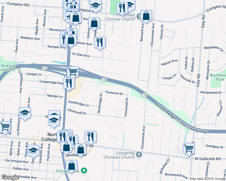 map of restaurants, bars, coffee shops, grocery stores, and more near 1488 Foxwood Drive in Cincinnati