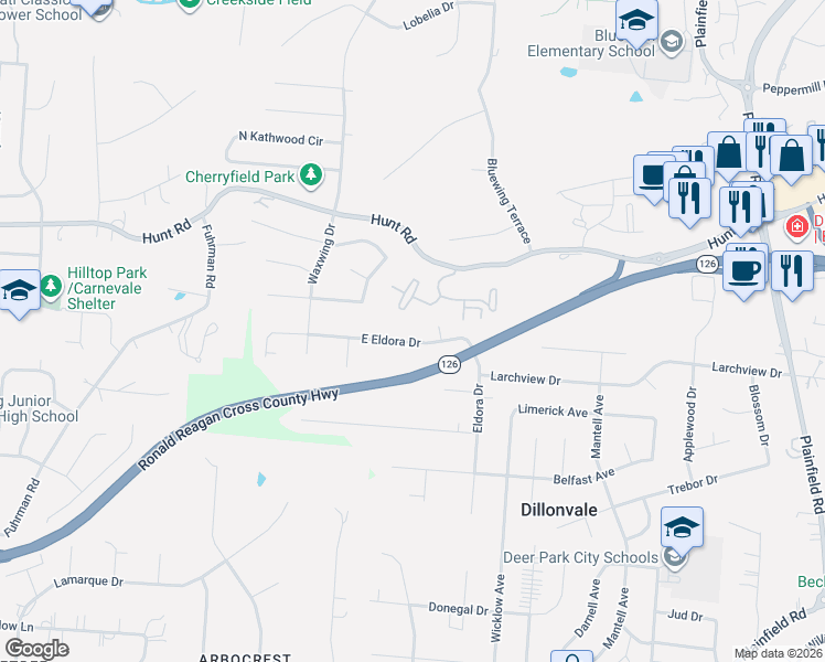 map of restaurants, bars, coffee shops, grocery stores, and more near 8936 Eldora Drive in Cincinnati