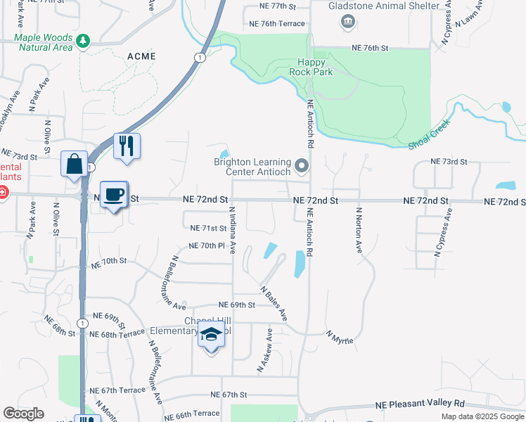 map of restaurants, bars, coffee shops, grocery stores, and more near 3545 Northeast 72nd Street in Gladstone