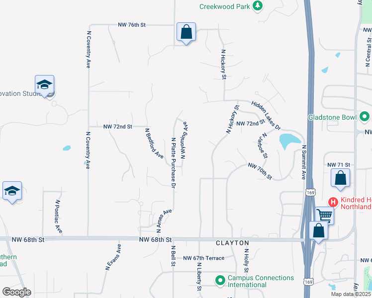 map of restaurants, bars, coffee shops, grocery stores, and more near 7125 North Wyoming Avenue in Kansas City