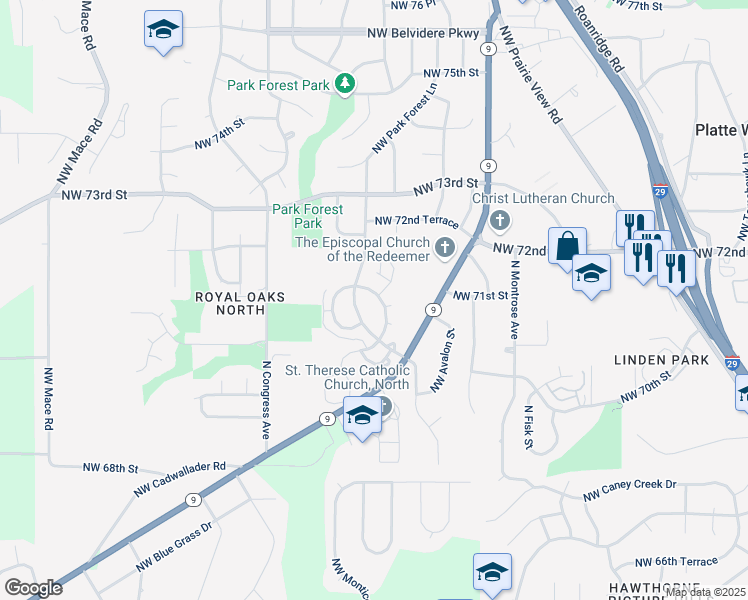 map of restaurants, bars, coffee shops, grocery stores, and more near 7120 Northwest Chapel Woods Lane in Kansas City