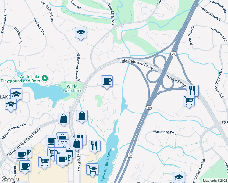 map of restaurants, bars, coffee shops, grocery stores, and more near 5449 Ring Dove Lane in Columbia