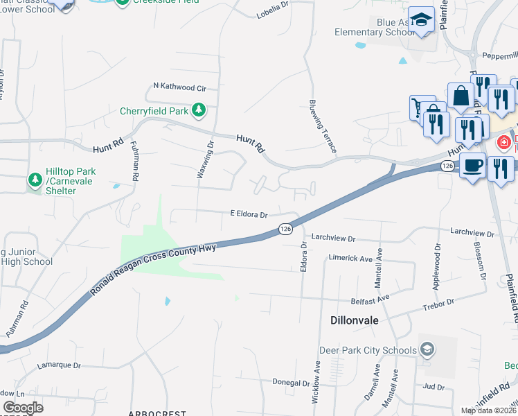 map of restaurants, bars, coffee shops, grocery stores, and more near 8936 Eldora Drive in Cincinnati