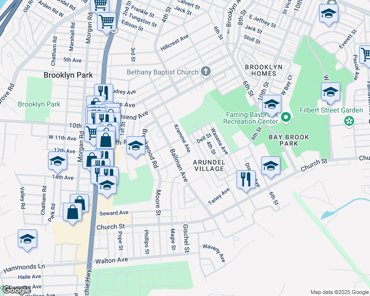 map of restaurants, bars, coffee shops, grocery stores, and more near 5221 Kramme Avenue in Brooklyn Park