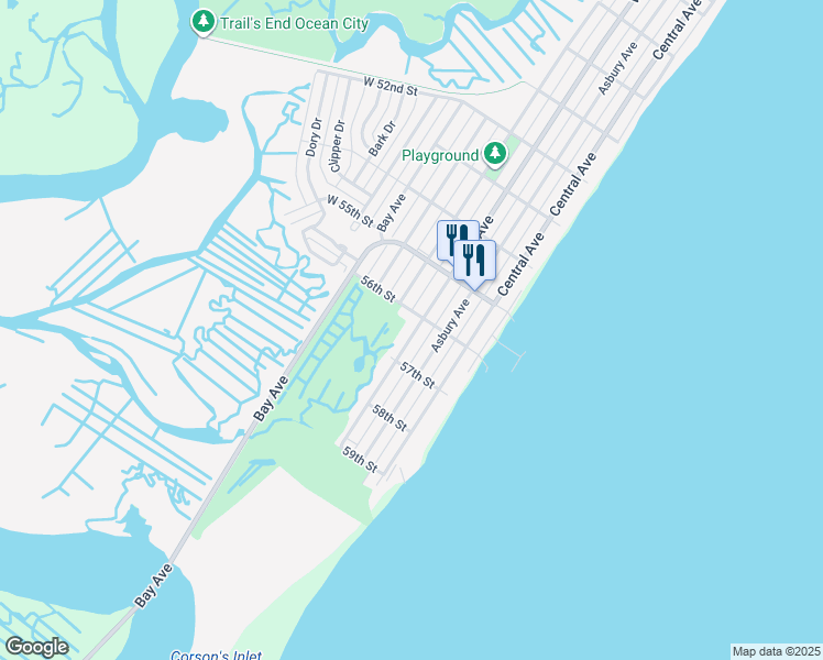 map of restaurants, bars, coffee shops, grocery stores, and more near 5609 West Avenue in Ocean City