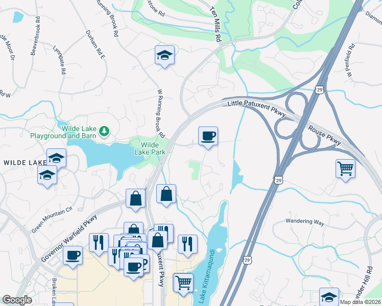 map of restaurants, bars, coffee shops, grocery stores, and more near 5400 Vantage Point Road in Columbia