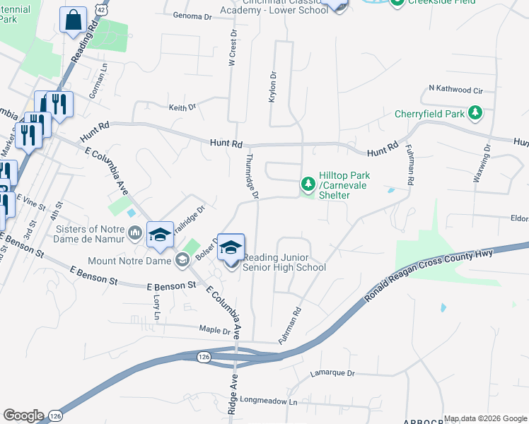 map of restaurants, bars, coffee shops, grocery stores, and more near 1262 Thurnridge Drive in Cincinnati