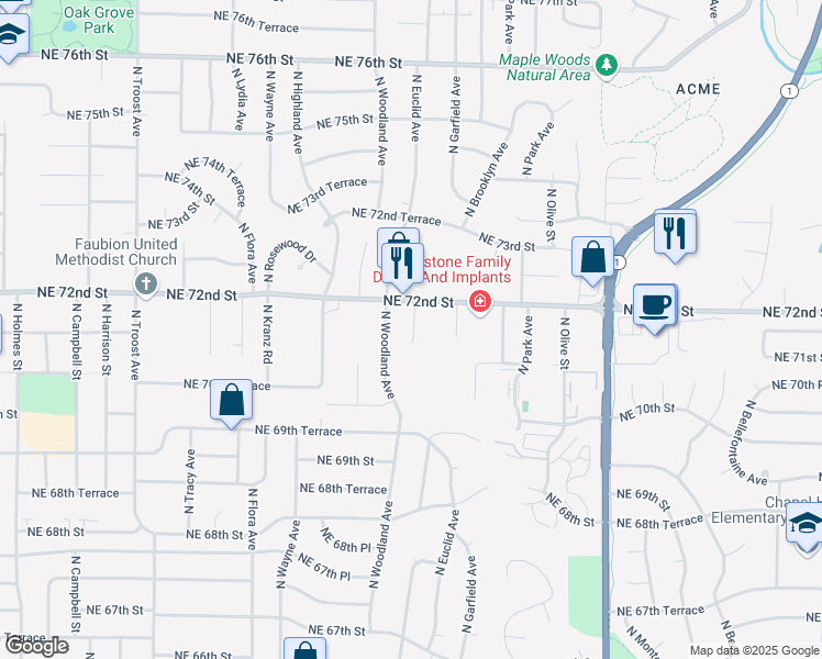 map of restaurants, bars, coffee shops, grocery stores, and more near 7162 North Euclid Court in Gladstone