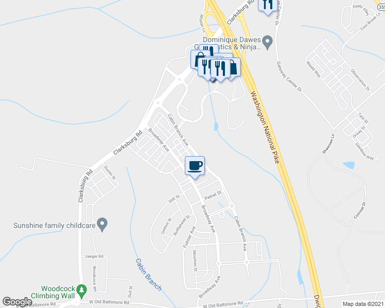 map of restaurants, bars, coffee shops, grocery stores, and more near 13801 Byrne Park Drive in Clarksburg
