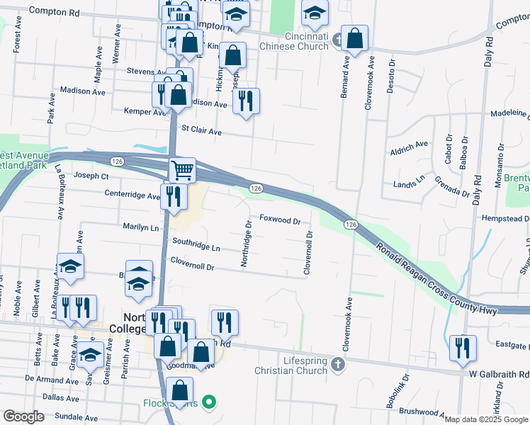 map of restaurants, bars, coffee shops, grocery stores, and more near 1488 Foxwood Drive in Cincinnati