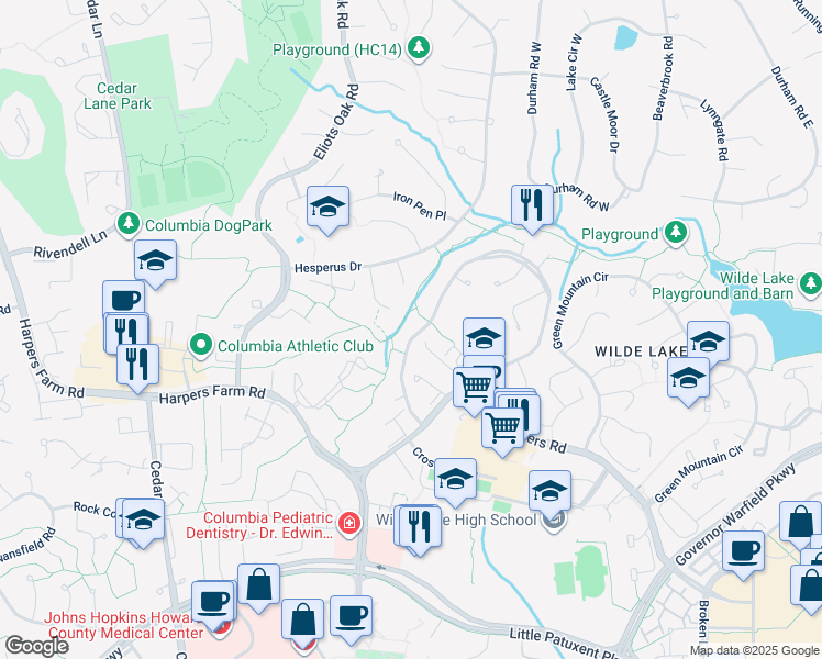 map of restaurants, bars, coffee shops, grocery stores, and more near 10740 Faulkner Ridge Circle in Columbia