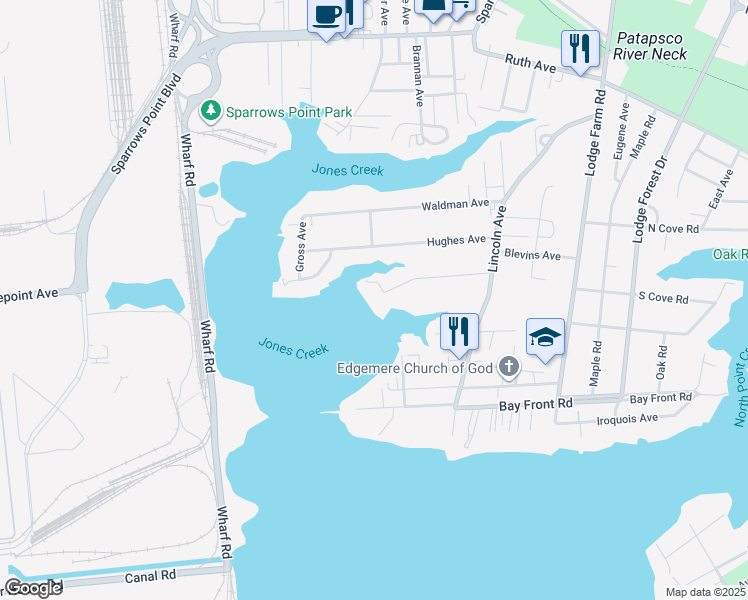 map of restaurants, bars, coffee shops, grocery stores, and more near 7303 Geise Avenue in Sparrows Point