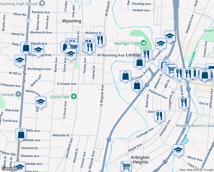 map of restaurants, bars, coffee shops, grocery stores, and more near 523 South Cooper Avenue in Cincinnati
