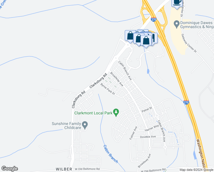 map of restaurants, bars, coffee shops, grocery stores, and more near 14209 Byrne Park Drive in Clarksburg