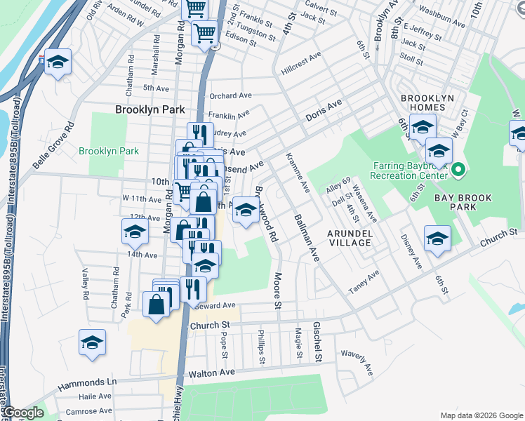 map of restaurants, bars, coffee shops, grocery stores, and more near 5104 Brookwood Rd in Brooklyn Park