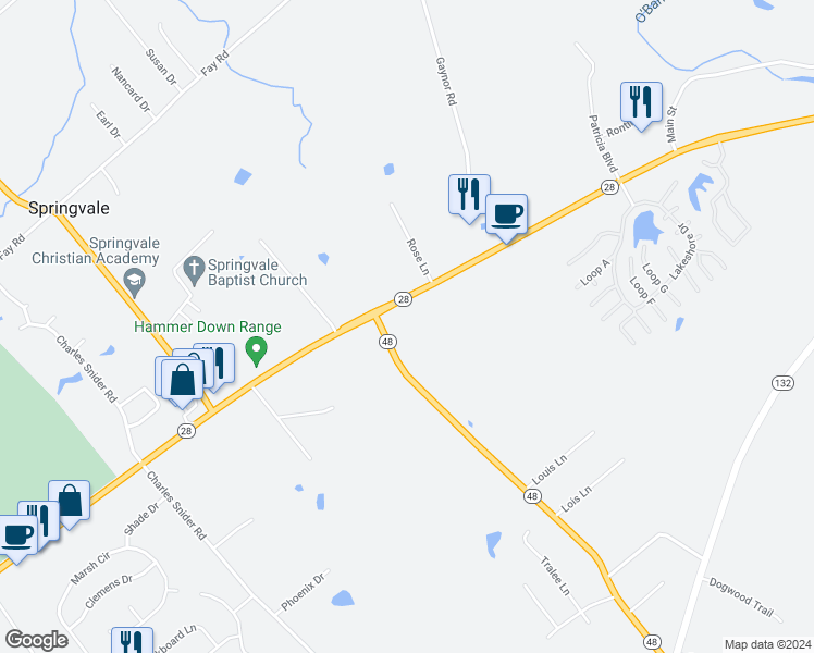 map of restaurants, bars, coffee shops, grocery stores, and more near 1659 Ohio 28 in Goshen