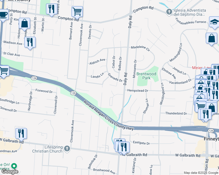 map of restaurants, bars, coffee shops, grocery stores, and more near 8616 Balboa Drive in Cincinnati