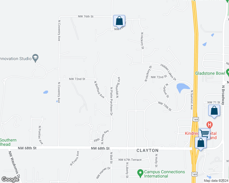map of restaurants, bars, coffee shops, grocery stores, and more near 7128 North Wyoming Avenue in Kansas City