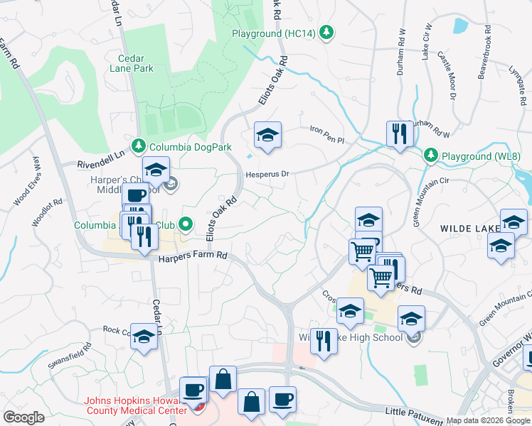 map of restaurants, bars, coffee shops, grocery stores, and more near 5447 Fallriver Row Ct in Columbia