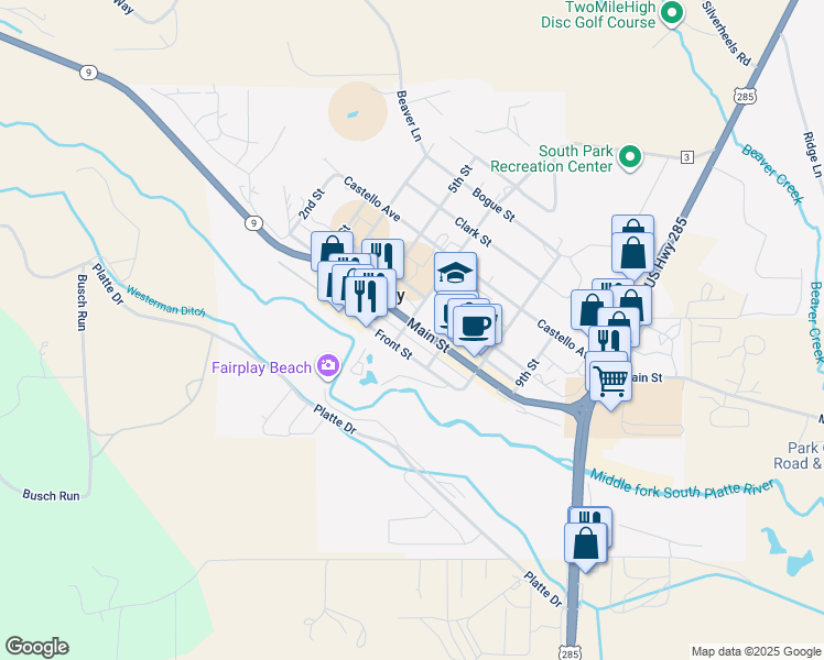 map of restaurants, bars, coffee shops, grocery stores, and more near 601 Main Street in Fairplay