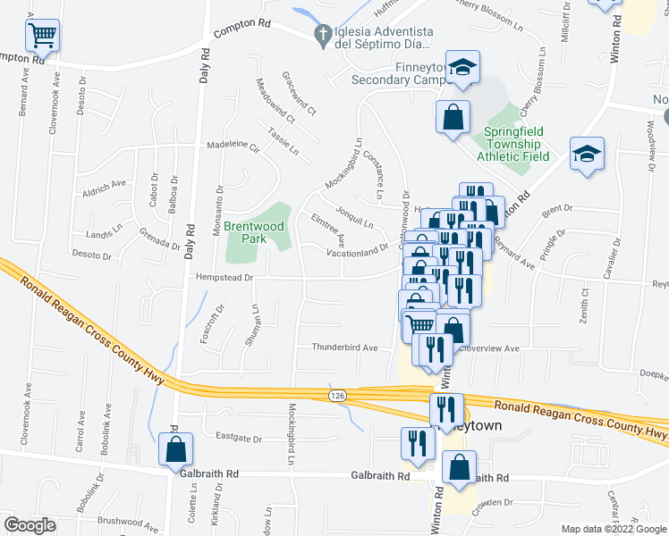 map of restaurants, bars, coffee shops, grocery stores, and more near 8613 Elmtree Avenue in Cincinnati