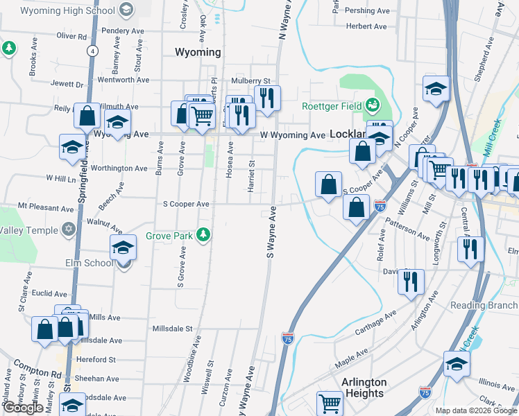map of restaurants, bars, coffee shops, grocery stores, and more near 617 South Cooper Avenue in Cincinnati