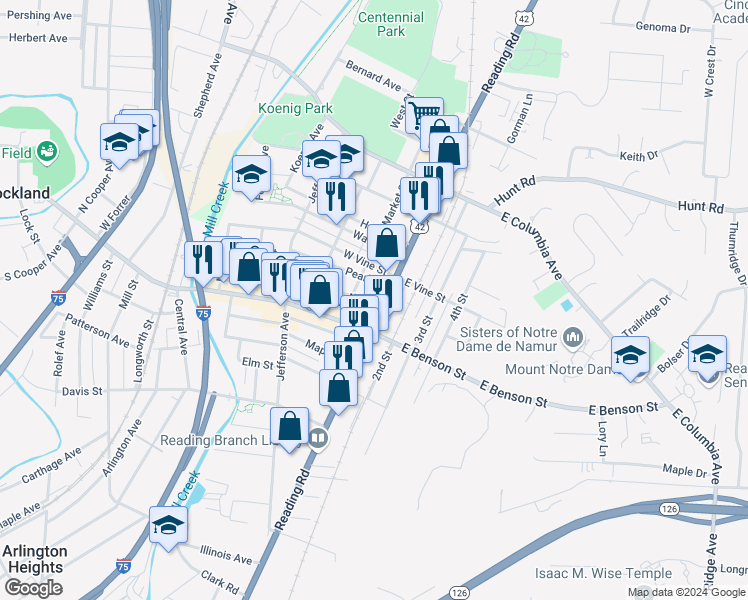 map of restaurants, bars, coffee shops, grocery stores, and more near 8921 Reading Road in Cincinnati