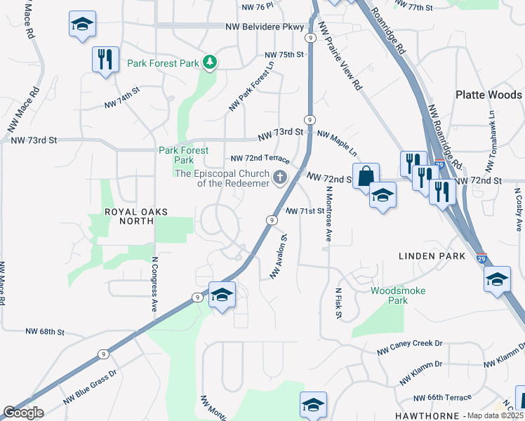 map of restaurants, bars, coffee shops, grocery stores, and more near 7018 Missouri 9 in Parkville