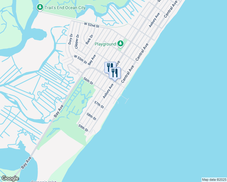 map of restaurants, bars, coffee shops, grocery stores, and more near 5540 Central Avenue in Ocean City