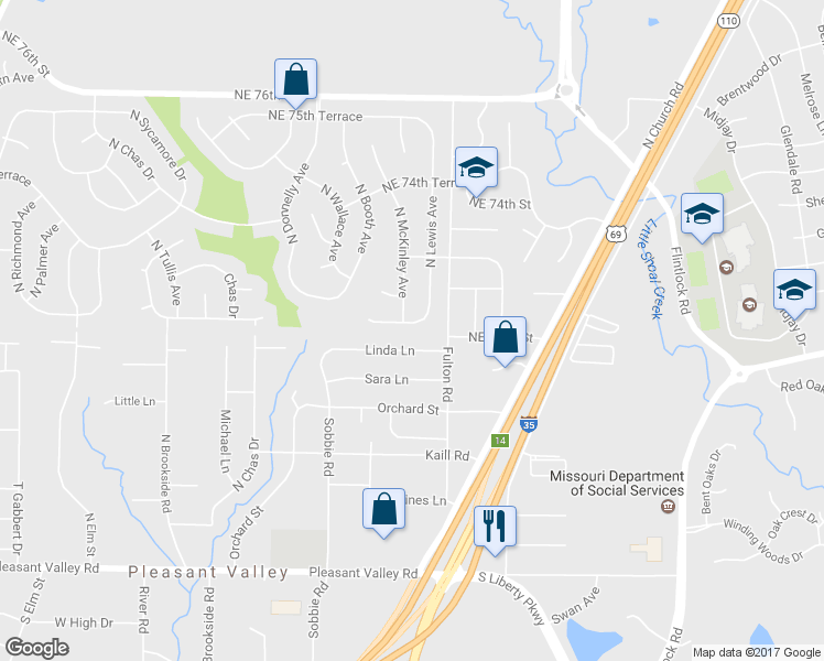 map of restaurants, bars, coffee shops, grocery stores, and more near 8635 Northeast 72nd Terrace in Kansas City