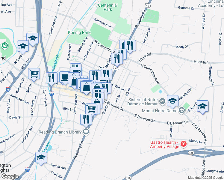 map of restaurants, bars, coffee shops, grocery stores, and more near 1009 2nd Street in Cincinnati
