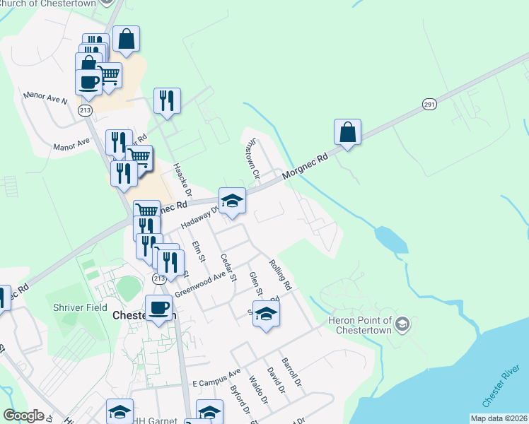 map of restaurants, bars, coffee shops, grocery stores, and more near 501 Morgnec Road in Chestertown