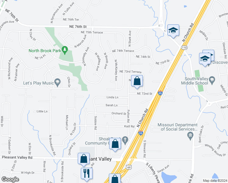 map of restaurants, bars, coffee shops, grocery stores, and more near 8627 Northeast 72nd Terrace in Kansas City