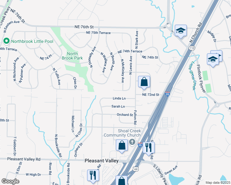 map of restaurants, bars, coffee shops, grocery stores, and more near 8615 Northeast 72nd Terrace in Kansas City