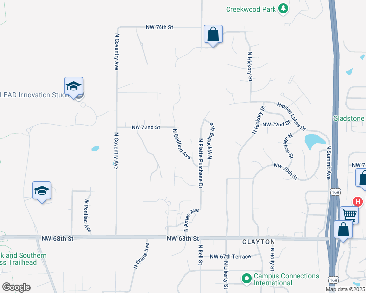 map of restaurants, bars, coffee shops, grocery stores, and more near 7129 North Bedford Avenue in Kansas City