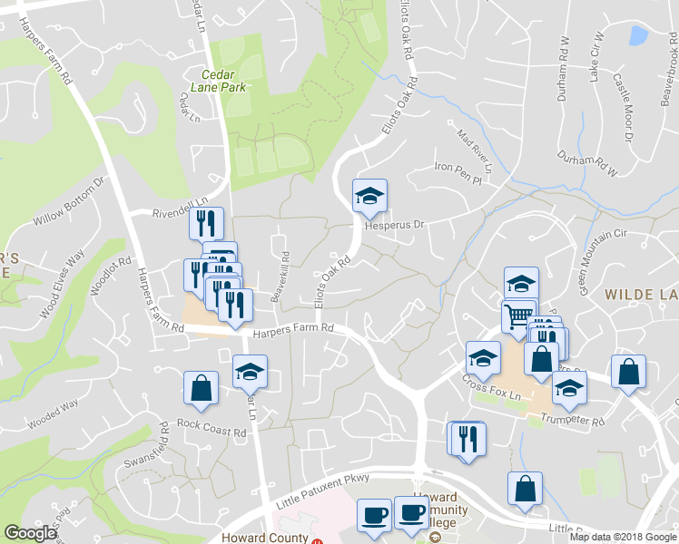 map of restaurants, bars, coffee shops, grocery stores, and more near 5352 Fallriver Row Court in Columbia