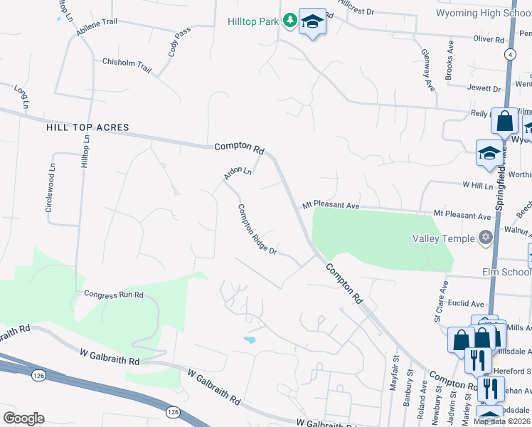 map of restaurants, bars, coffee shops, grocery stores, and more near 250 Compton Ridge Drive in Cincinnati