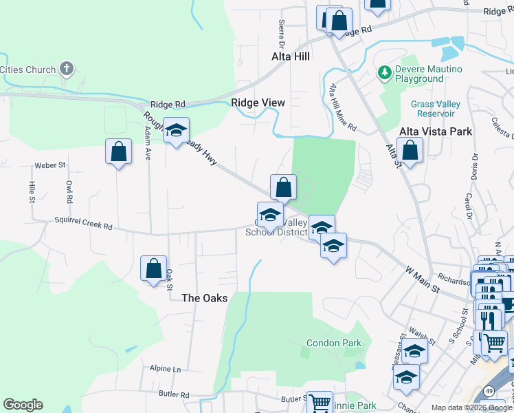 map of restaurants, bars, coffee shops, grocery stores, and more near 10973 Rough and Ready Highway in Grass Valley