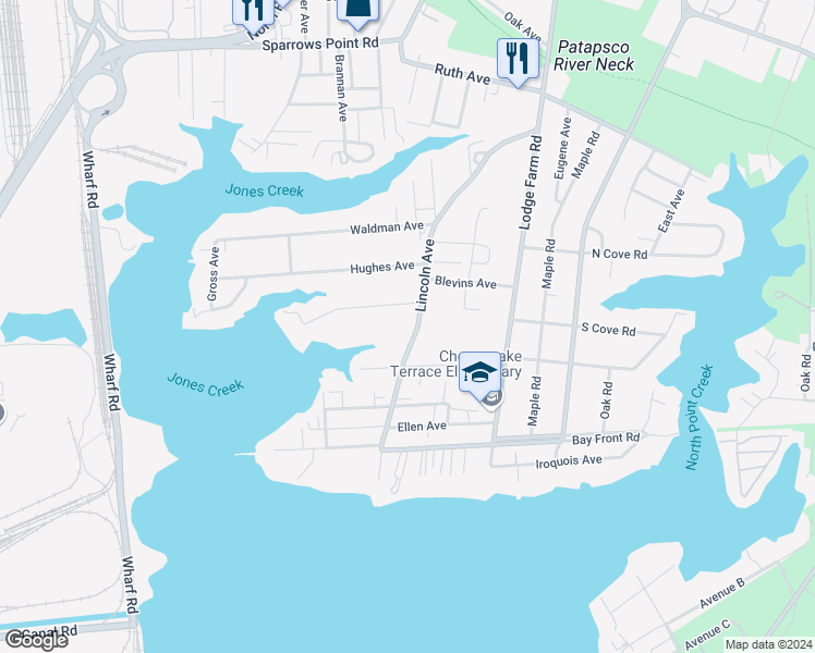 map of restaurants, bars, coffee shops, grocery stores, and more near 7357 Geise Avenue in Sparrows Point