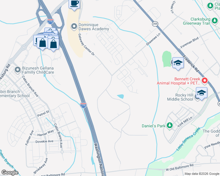 map of restaurants, bars, coffee shops, grocery stores, and more near 13214 Shawnee Lane in Clarksburg