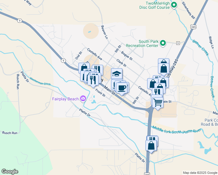 map of restaurants, bars, coffee shops, grocery stores, and more near 601 Main Street in Fairplay