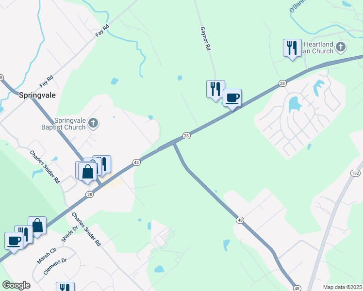 map of restaurants, bars, coffee shops, grocery stores, and more near 1659 Ohio 28 in Goshen