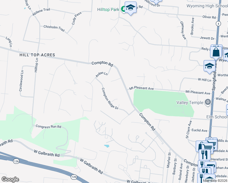 map of restaurants, bars, coffee shops, grocery stores, and more near 250 Compton Ridge Drive in Cincinnati
