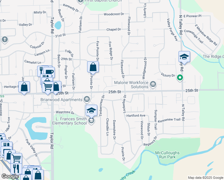map of restaurants, bars, coffee shops, grocery stores, and more near 4730 East 25th Street in Columbus