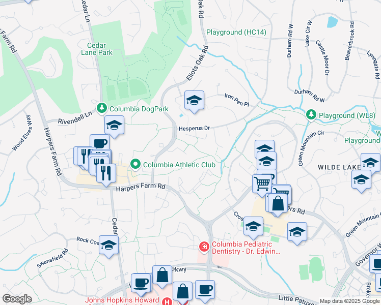 map of restaurants, bars, coffee shops, grocery stores, and more near 5437 Fallriver Row Court in Columbia