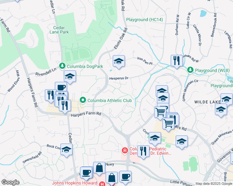 map of restaurants, bars, coffee shops, grocery stores, and more near 5437 Fallriver Row Court in Columbia