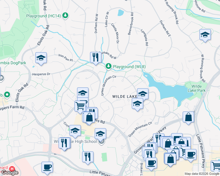 map of restaurants, bars, coffee shops, grocery stores, and more near 10700 Rain Dream Hill in Columbia