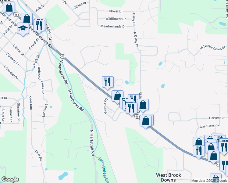 map of restaurants, bars, coffee shops, grocery stores, and more near 5030 Capitol Avenue in Bloomington