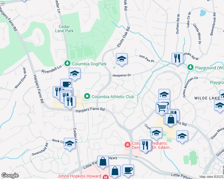 map of restaurants, bars, coffee shops, grocery stores, and more near 5388 Fallriver Row Court in Columbia