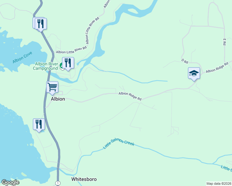 map of restaurants, bars, coffee shops, grocery stores, and more near 33402 Albion Ridge Road in Albion